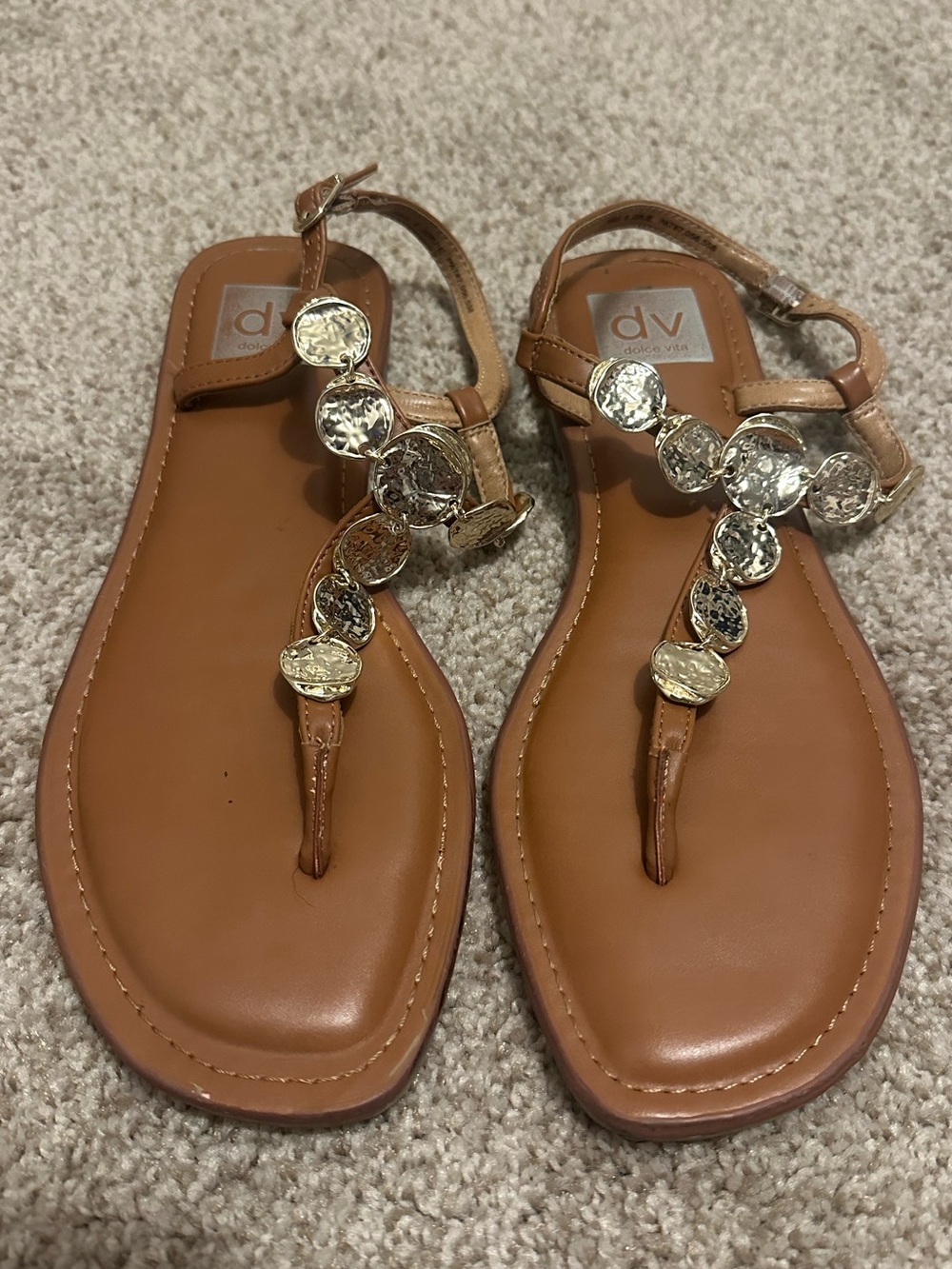 Dolce Vita Tan T-Strap Sandals with Gold Discs